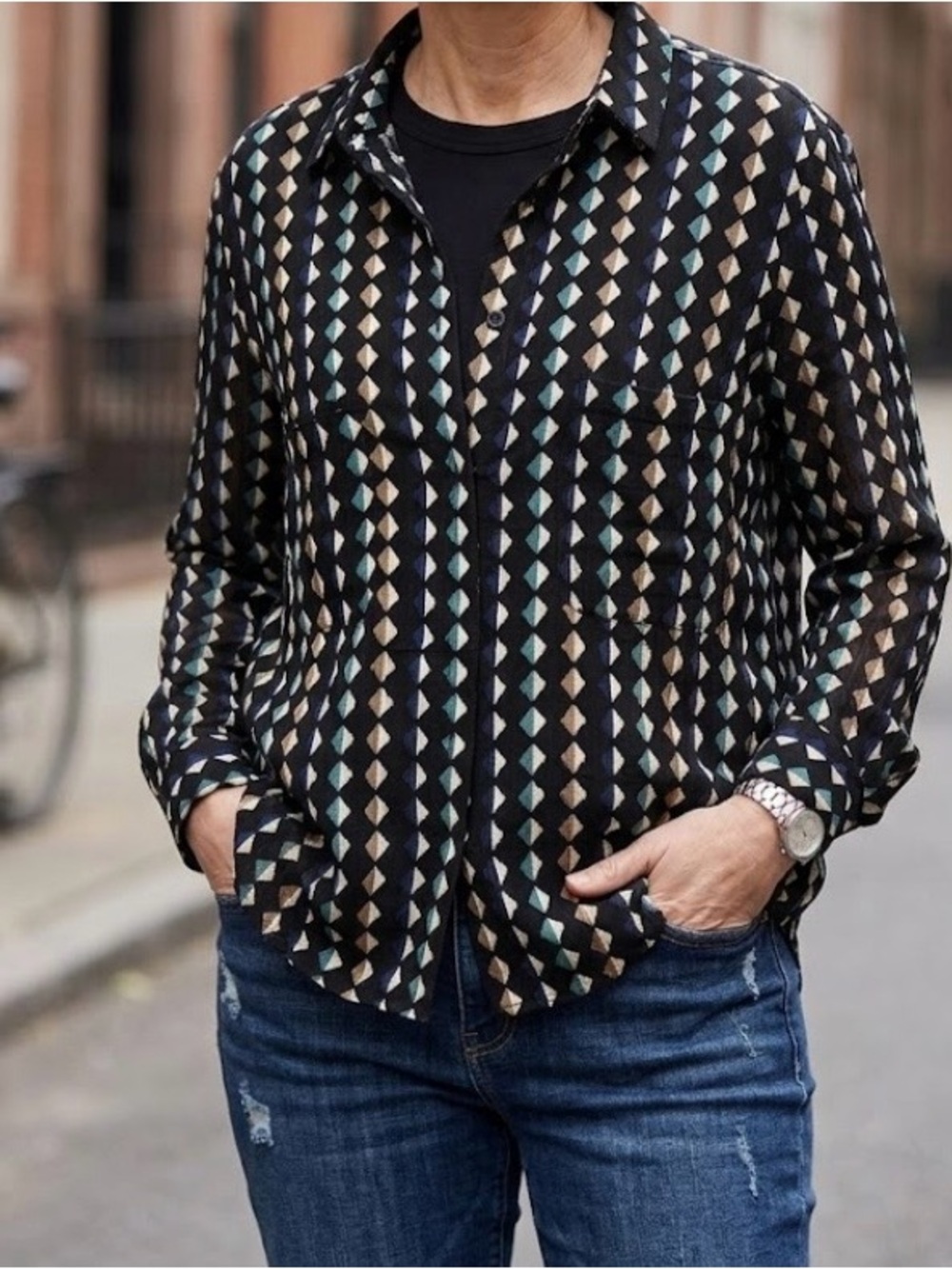 New Tulip B Geometric Black Button-Front Blouse Diamond Print shirt